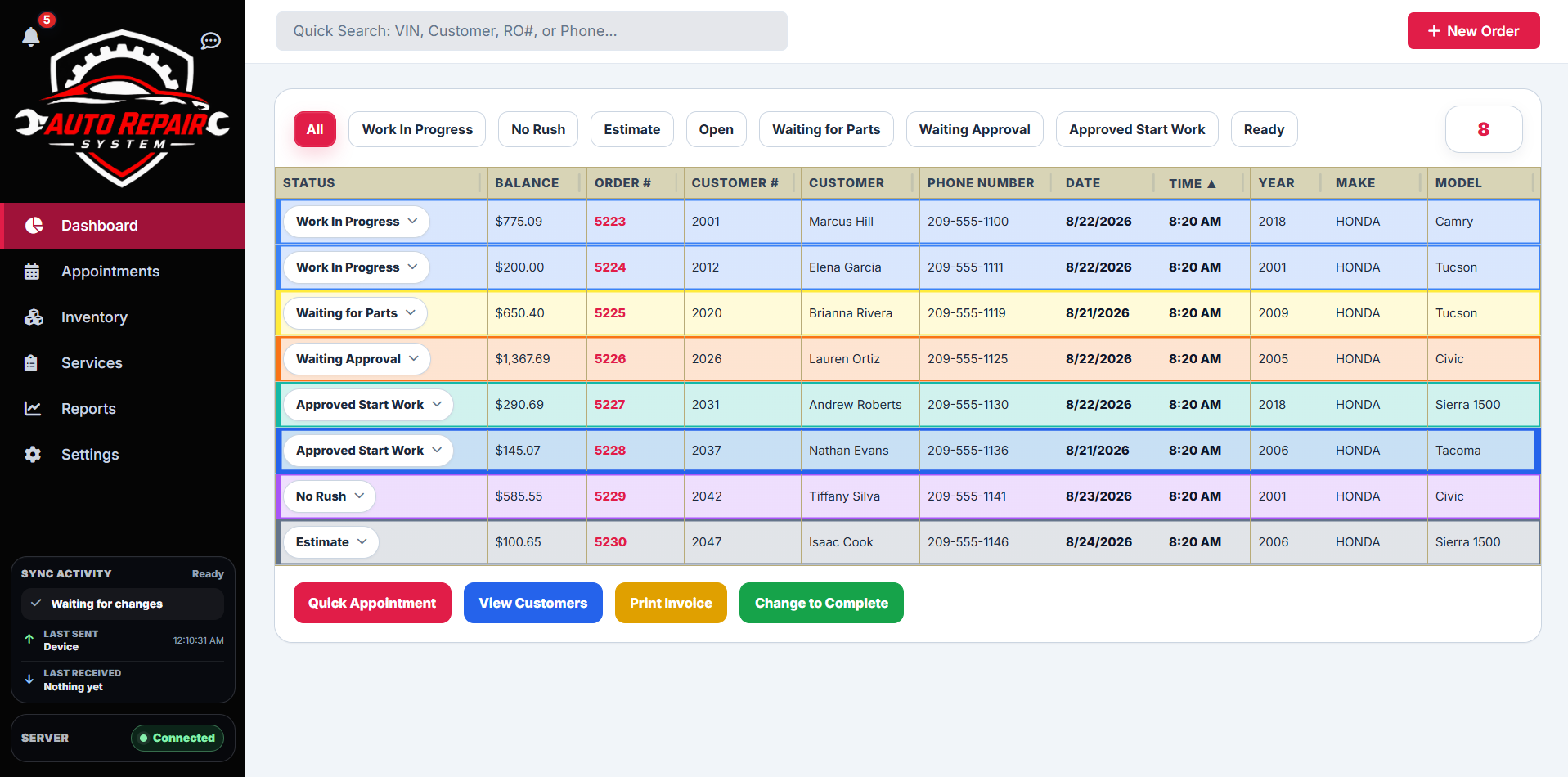 Auto Repair System front desk dashboard showing active repair orders and workflow statuses