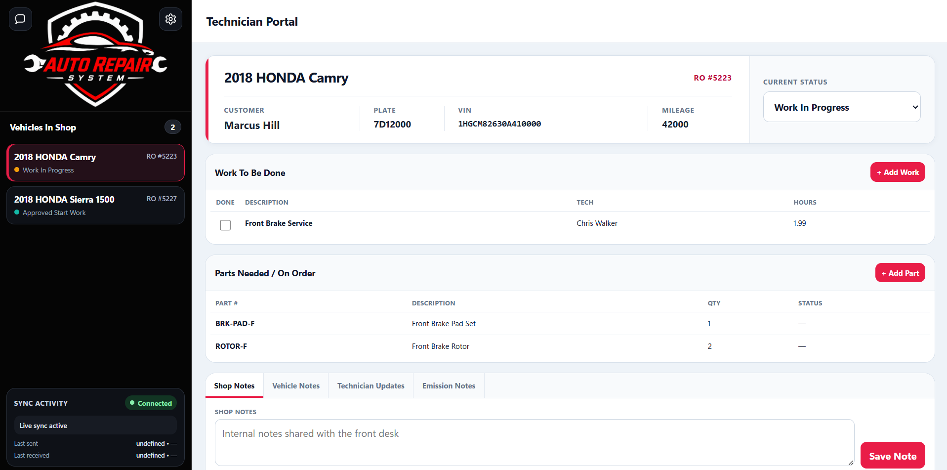 Auto Repair System technician portal with vehicle, work, parts, status, and notes